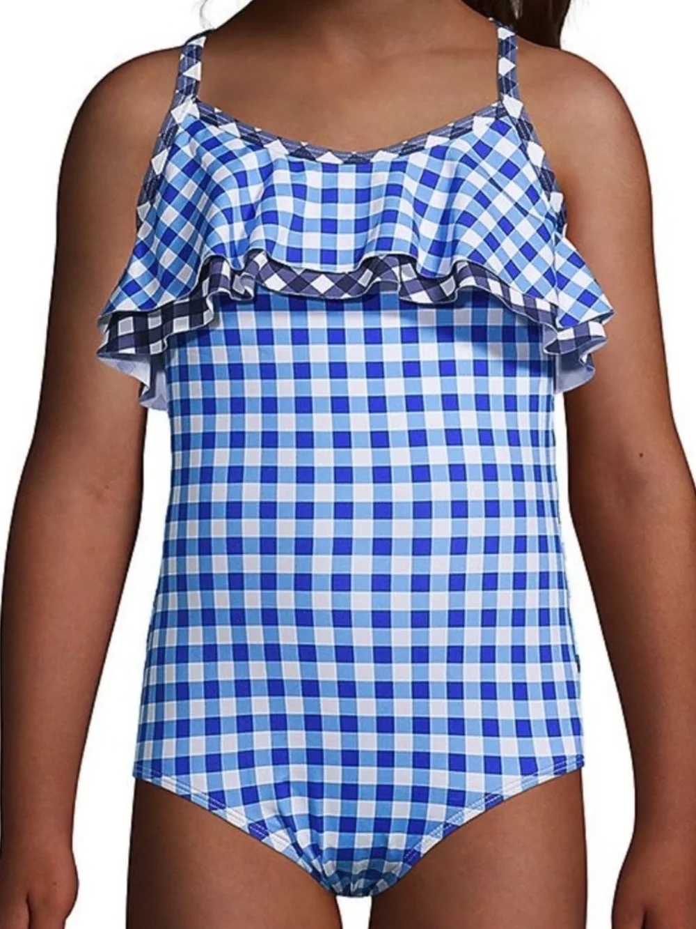 NWOT Draper James Lands End Blue and White Gingham Ruffle One-Piece Swimsuit
